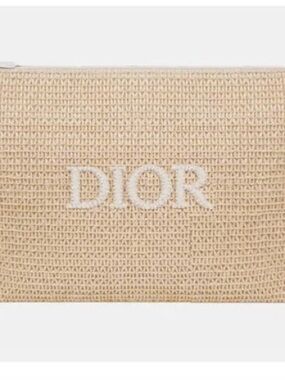 Dior Beige Rafia Pouch with White Logo Embroidery